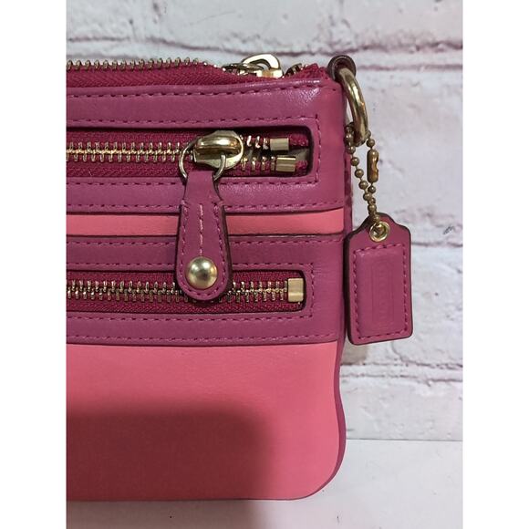 COACH Wristlet Pink Leather Multi Triple Zipper and Pockets Clutch Large Wallet - Picture 2 of 13